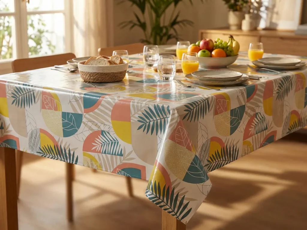 Toile cirée déco Printanière 140 cm – grandes feuilles de palmier et monstera en rose corail, bleu canard et jaune soleil sur fond blanc, vendue au mètre ou sur mesure