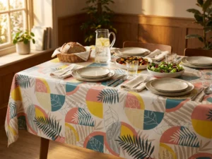 Toile cirée déco Printanière 140 cm – grandes feuilles de palmier et monstera en rose corail, bleu canard et jaune soleil sur fond blanc, vendue au mètre ou sur mesure
