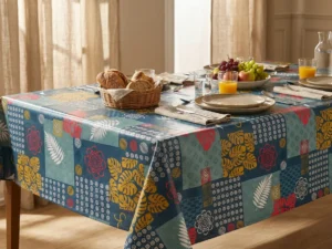 Toile cirée déco Printo 140 cm – patchwork tropical mêlant monstera, palmes et fleurs stylisées en jaune moutarde, rouge corail et blanc sur fond bleu pétrole, vendue au mètre ou sur mesure