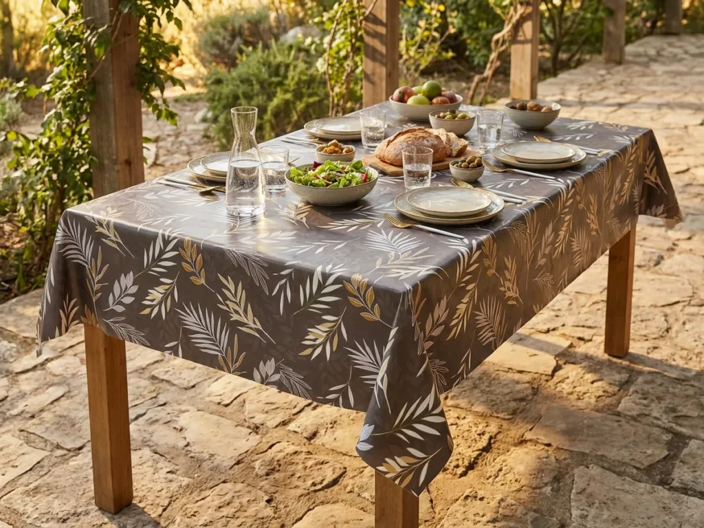 Toile cirée déco Ramage terre 140 cm – foisonnement de palmes fines et feuilles d'olivier en blanc nacré et or champagne sur fond gris taupe, vendue au mètre ou sur mesure
