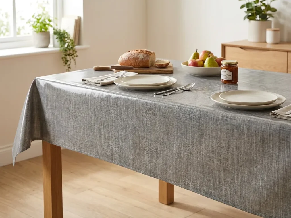 Toile cirée déco Uni Gris 180 cm – texture façon lin gris argenté, vendue au mètre ou sur mesure
