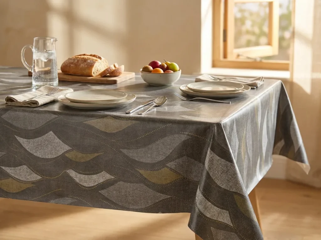 Toile cirée déco Sabine 140 cm – grandes feuilles lancéolées gris argent et or kaki sur fond anthracite texturé, vendue au mètre ou sur mesure