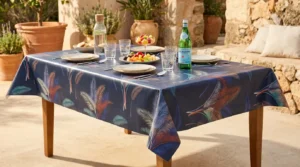 Toile cirée déco Santiago bleu 140 cm – grandes palmes botaniques en terracotta, bleu cobalt et vert sauge sur fond bleu marine, vendue au mètre ou sur mesure