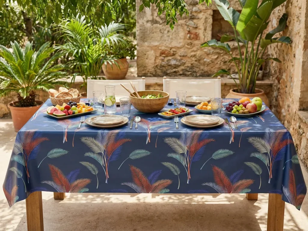 Toile cirée déco Santiago bleu 140 cm – grandes palmes botaniques en terracotta, bleu cobalt et vert sauge sur fond bleu marine, vendue au mètre ou sur mesure