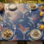 Toile cirée déco Santiago bleu 140 cm – grandes palmes botaniques en terracotta, bleu cobalt et vert sauge sur fond bleu marine, vendue au mètre ou sur mesure