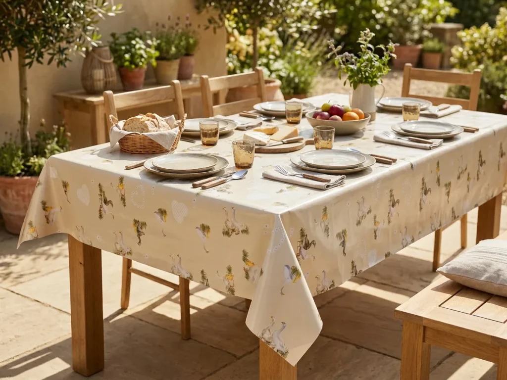 Toile cirée déco Sidonie 140 cm – oies et canards à l'aquarelle sur fond crème ivoire, vendue au mètre ou sur mesure
