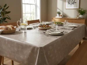 Toile cirée déco Sophie Beige 180 cm – aigrettes de pissenlit nacrées sur fond taupe chaud, vendue au mètre ou sur mesure