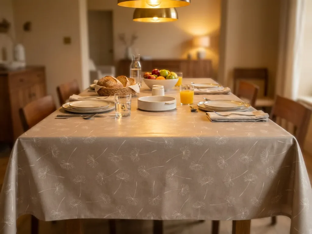 Toile cirée déco Sophie Beige 180 cm – aigrettes de pissenlit nacrées sur fond taupe chaud, vendue au mètre ou sur mesure