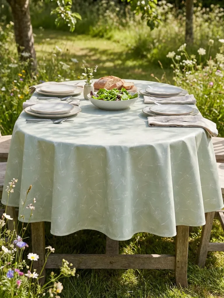 Toile cirée coton molletonné Sophie Vert 160 cm – silhouettes de pissenlit en blanc nacré sur fond vert céladon
