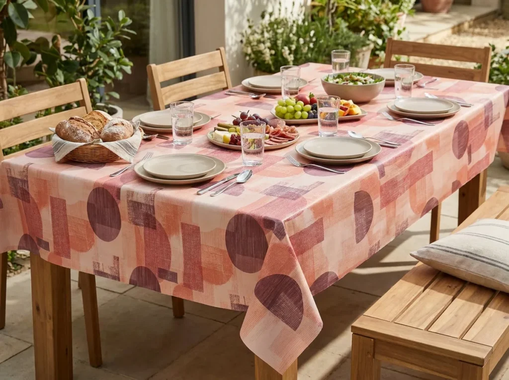 Toile cirée coton molletonné Torelence 140 cm – cercles et demi-cercles bordeaux, terracotta et rose poudré sur fond rose blush