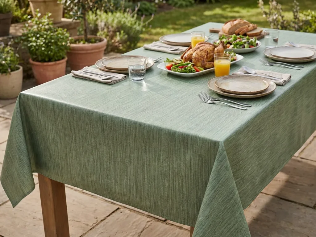 Toile cirée déco Uni façon tissu vert 140 cm – texture façon lin vert sauge aux reflets céladon, vendue au mètre ou sur mesure
