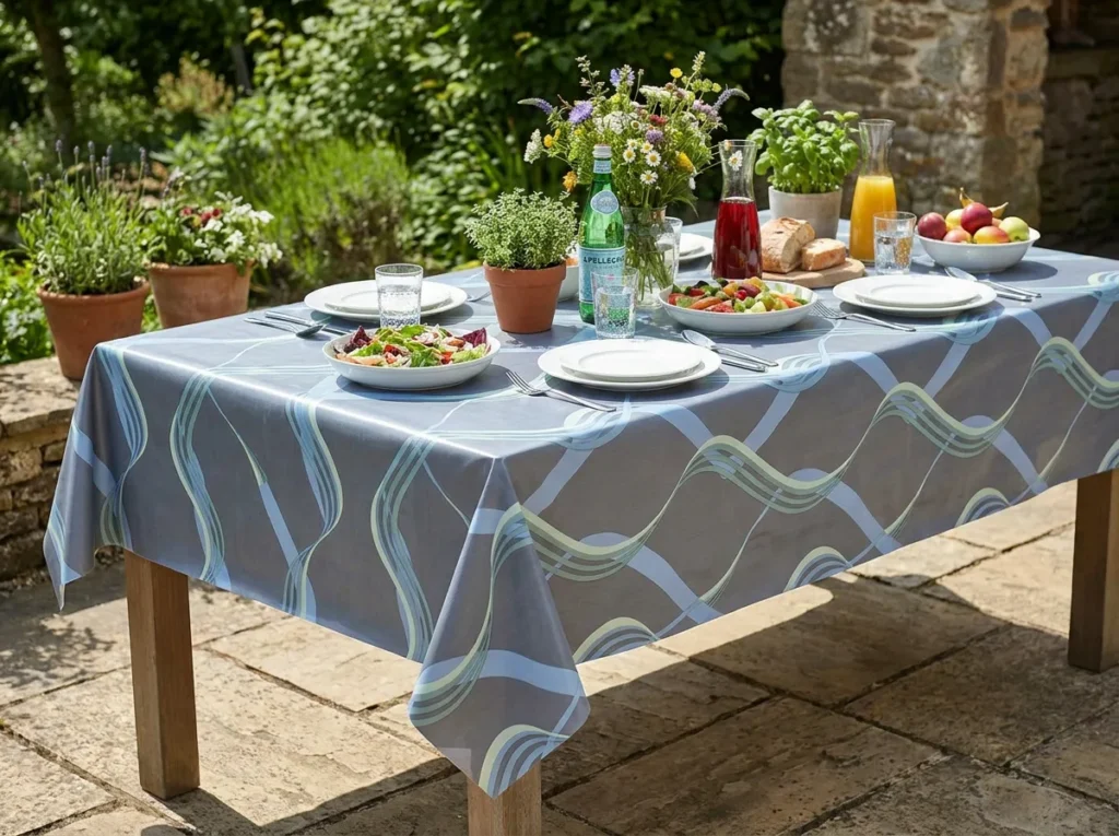 Toile cirée déco Vagalie 140 cm – larges ondulations bleu ciel et vert céladon sur fond gris ardoise, vendue au mètre ou sur mesure