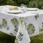 Nappe polyester provençale Fréjus coloris beige – rameaux d'olivier et olives en semis