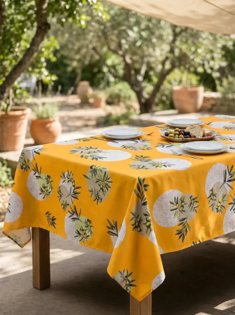 Nappe polyester provençale Fréjus coloris jaune – rameaux d'olivier et olives en semis