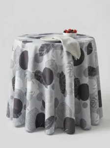 Nappe polyester tropicale Illana coloris gris – plumes et feuilles de monstera