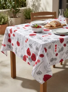 Nappe polyester coquelicot Poppies coloris blanc – motif floral graphique en semis