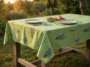 Nappe polyester provençale Saint Paul coloris vert – motif lavande en semis