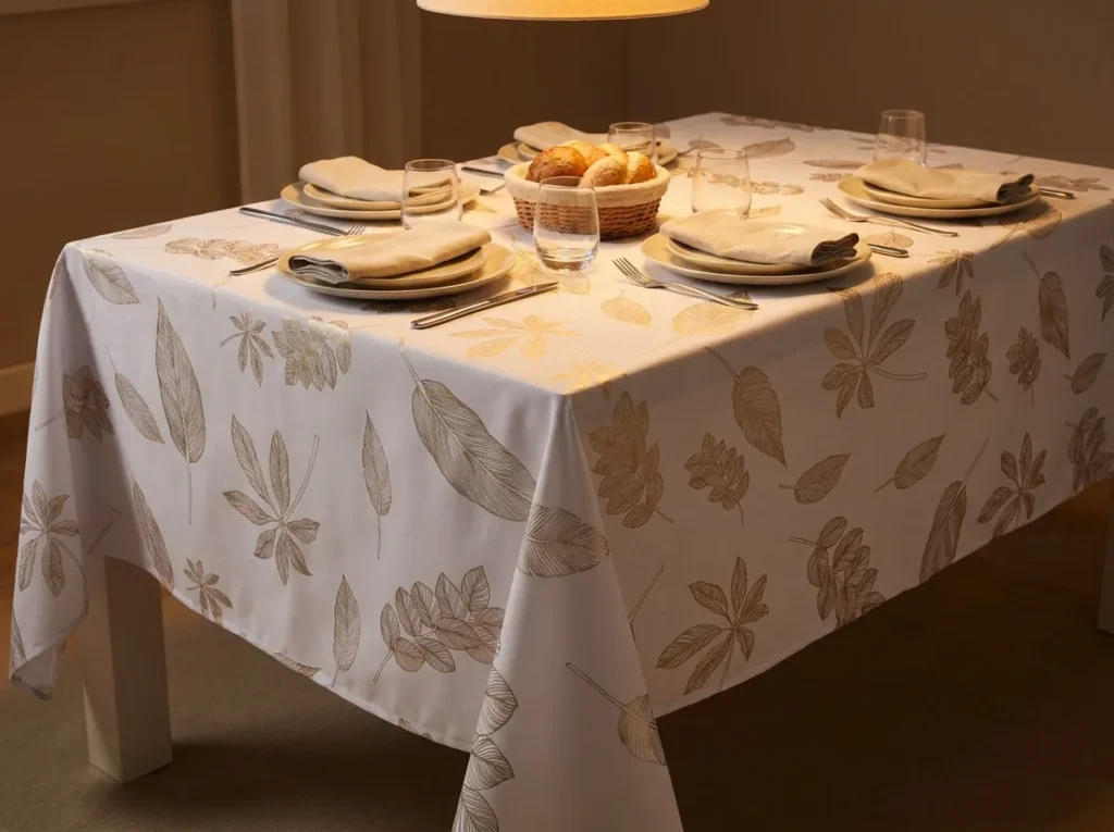 Nappe polyester feuillage doré Taillys coloris blanc – semis de feuilles or brillant