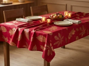 Nappe polyester feuillage doré Taillys coloris rouge – semis de feuilles or brillant