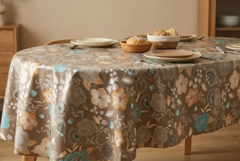 Toile cirée déco Lina 160 cm – motif floral vintage aux tons taupe, bleu azur et orange doré