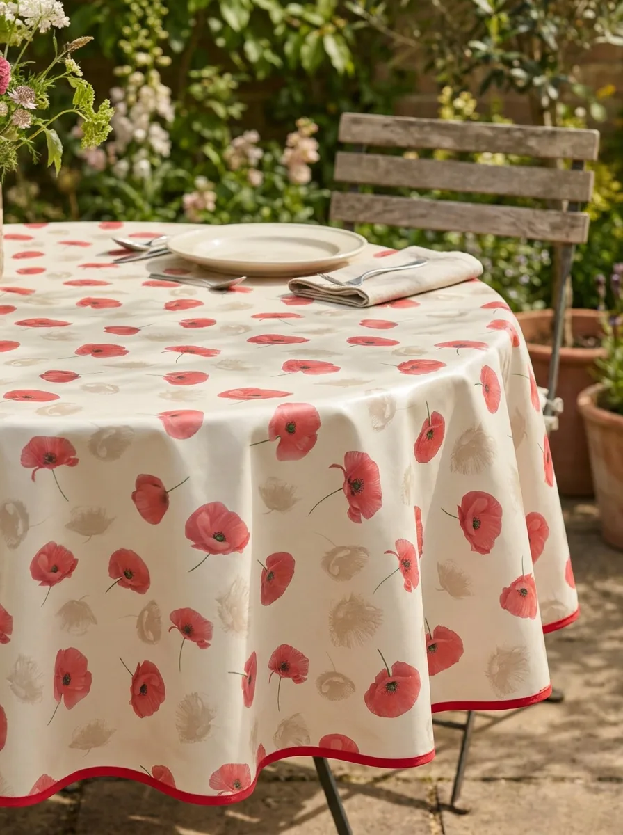 Toile cirĂ©e dĂ©co coquelicot 160 cm â coquelicots rouge vif sur fond blanc cassĂ© et feuillages vert tendre