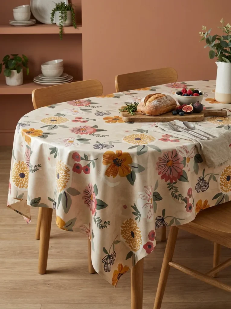 Toile cirée déco Fleurette 160 cm – bouquet champêtre fleuri aux tons rose, jaune doré et beige crème