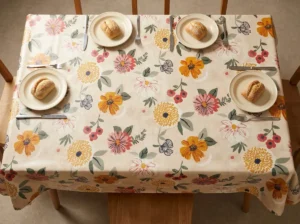 Toile cirée déco Fleurette 160 cm – bouquet champêtre fleuri aux tons rose, jaune doré et beige crème