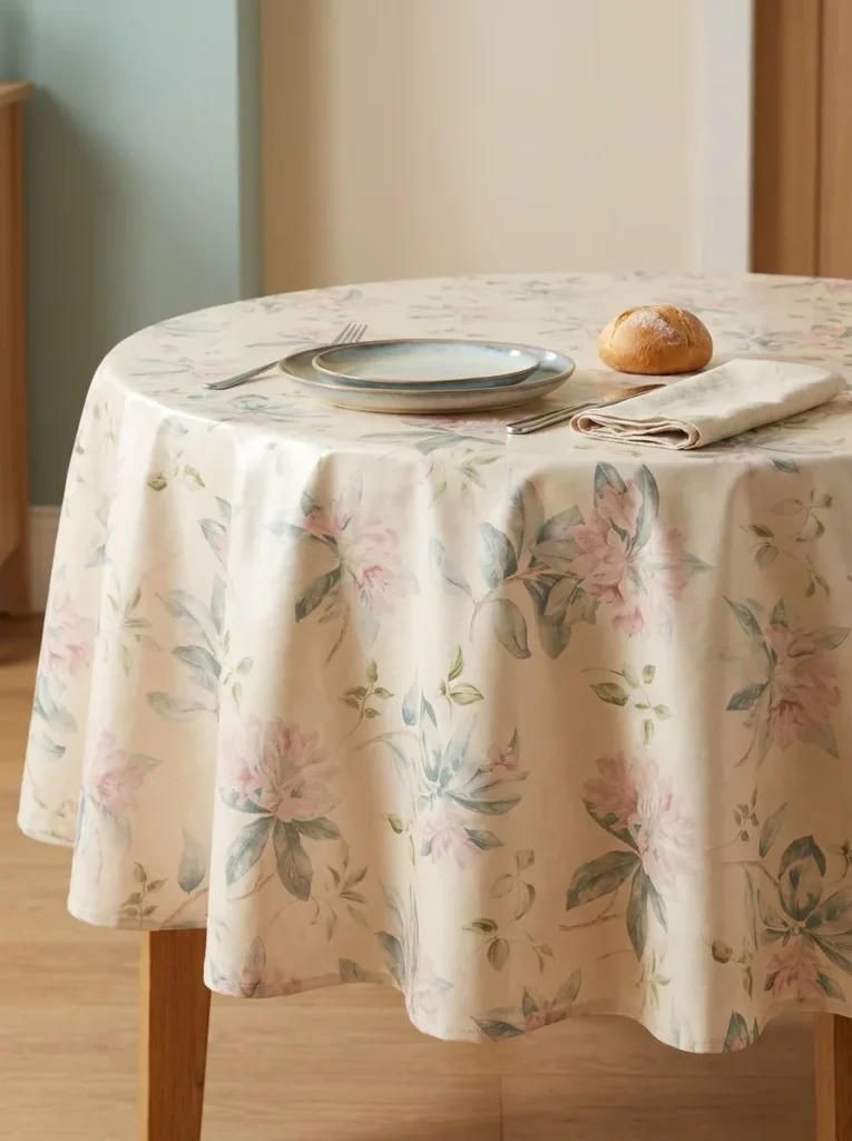 Toile cirée ronde Paula 160 cm – motif botanique fleurs rose poudré et feuillages bleu-gris aquarelle sur fond crème ivoire