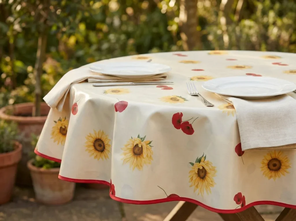Toile cirée déco tournesol coquelicot 160 cm – tournesols jaune doré et coquelicots rouge vif sur fond blanc cassé