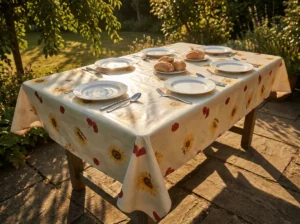 Toile cirée déco tournesol coquelicot 160 cm – tournesols jaune doré et coquelicots rouge vif sur fond blanc cassé