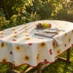 Toile cirée déco tournesol coquelicot 160 cm – tournesols jaune doré et coquelicots rouge vif sur fond blanc cassé