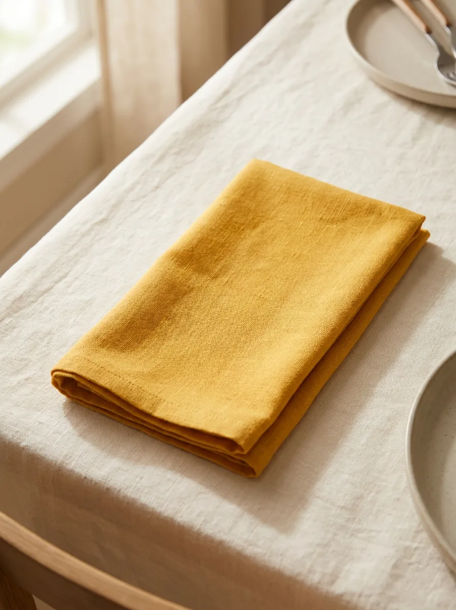 Serviette coton jaune curry pliée sur nappe blanche – table dressée lumière naturelle