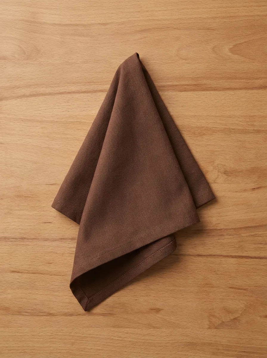 Serviette coton chocolat pliée en triangle vue de dessus sur table bois clair
