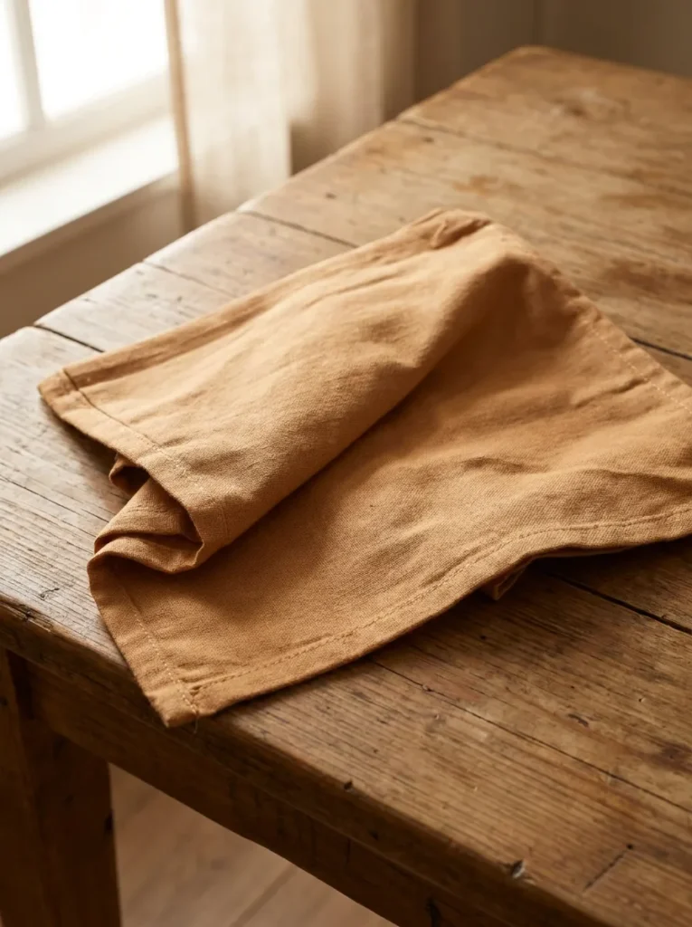 Détail tissu coton serviette de table caramel – ourlet renforcé 44x44 cm