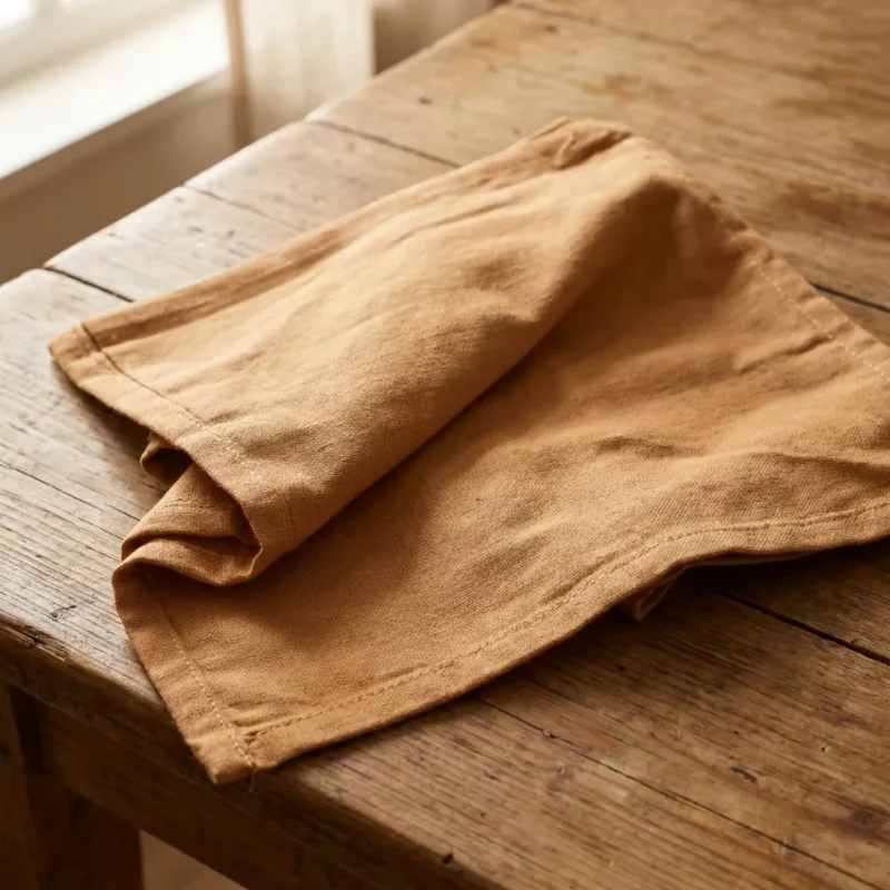 Détail tissu coton serviette de table caramel – ourlet renforcé 44x44 cm