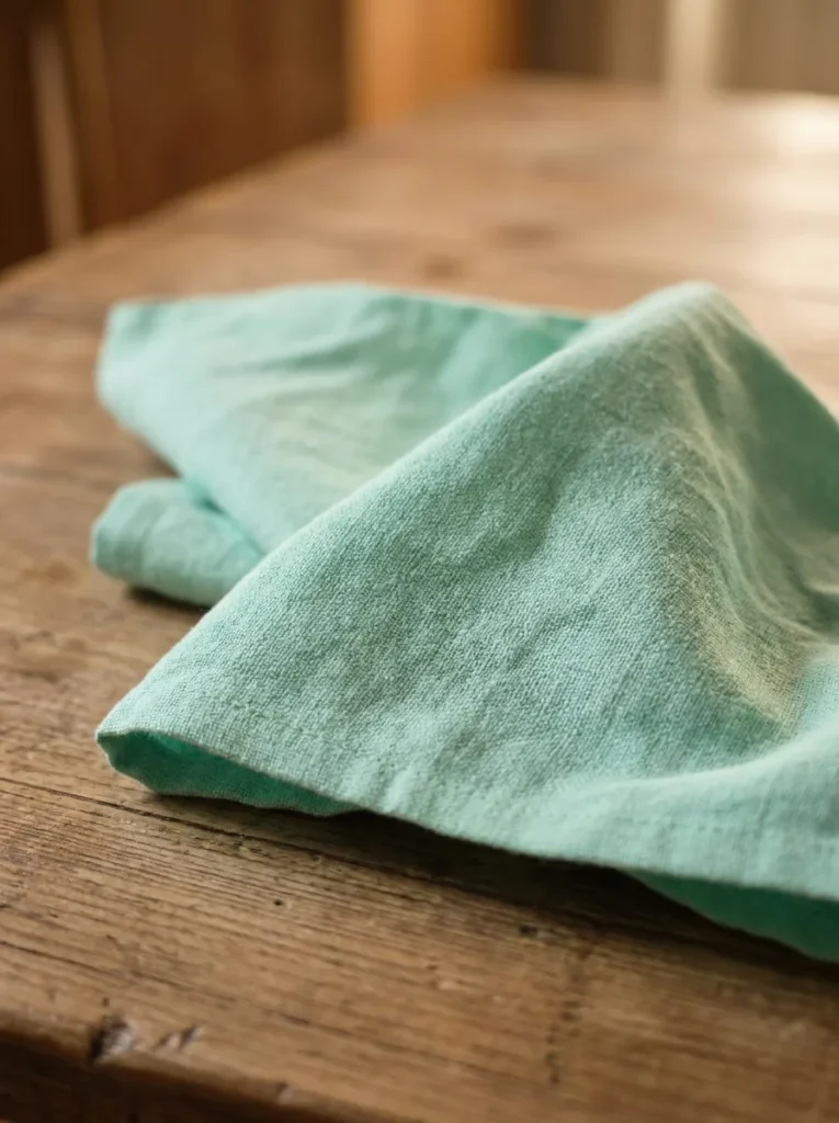 Détail tissu coton serviette de table vert d'eau – ourlet renforcé 44x44 cm