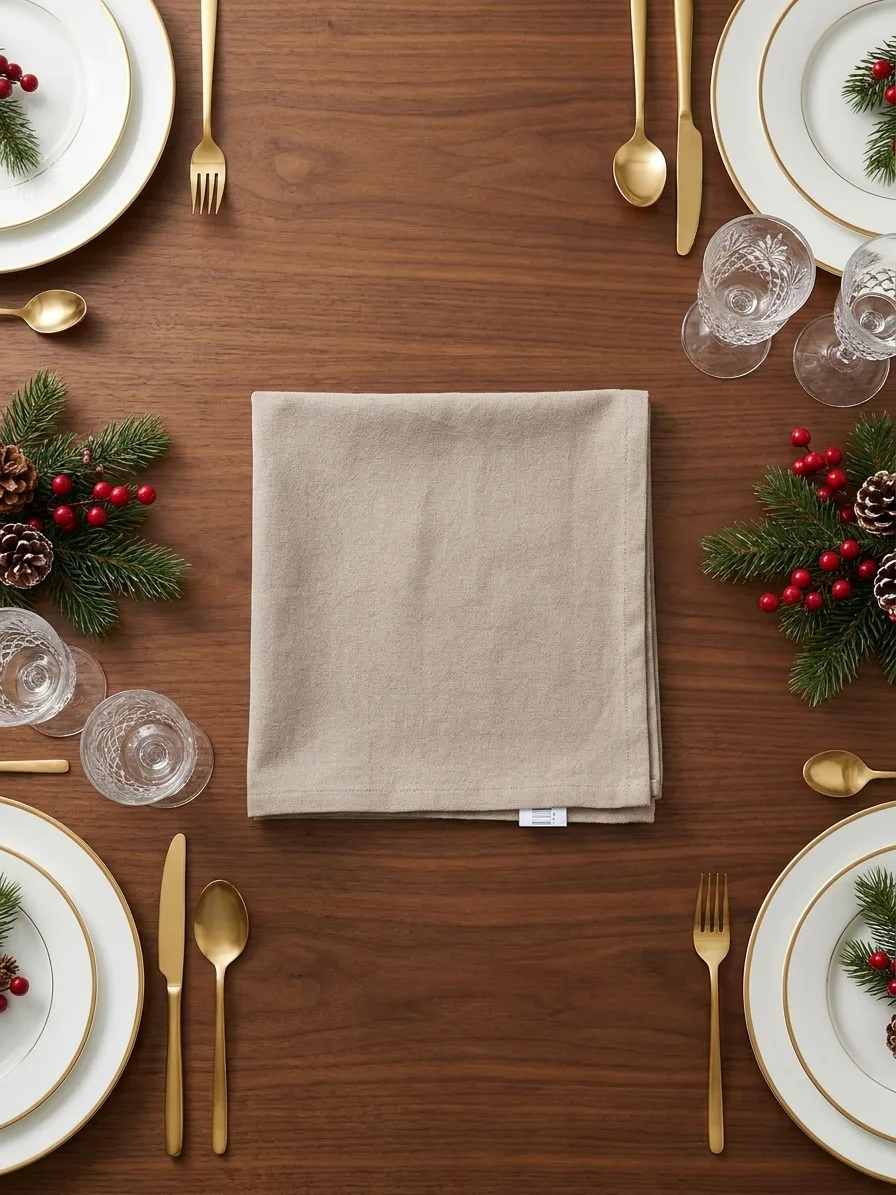 Détail tissu coton serviette de table gris – ourlet renforcé 44x44 cm