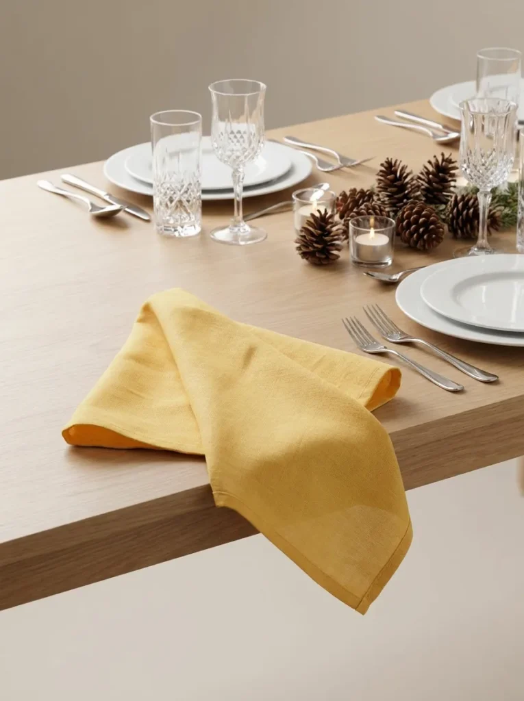 Détail tissu coton serviette de table jaune poussin – ourlet renforcé 44x44 cm
