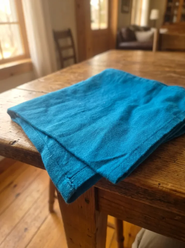 Détail tissu coton serviette de table bleu paon – ourlet renforcé 44x44 cm