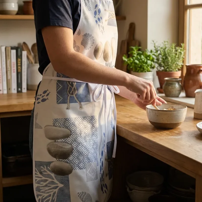 Femme portant un tablier adulte toile cirée motif marin Croisic en cuisine