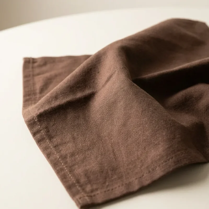 Détail tissu coton serviette de table chocolat – ourlet renforcé 44x44 cm