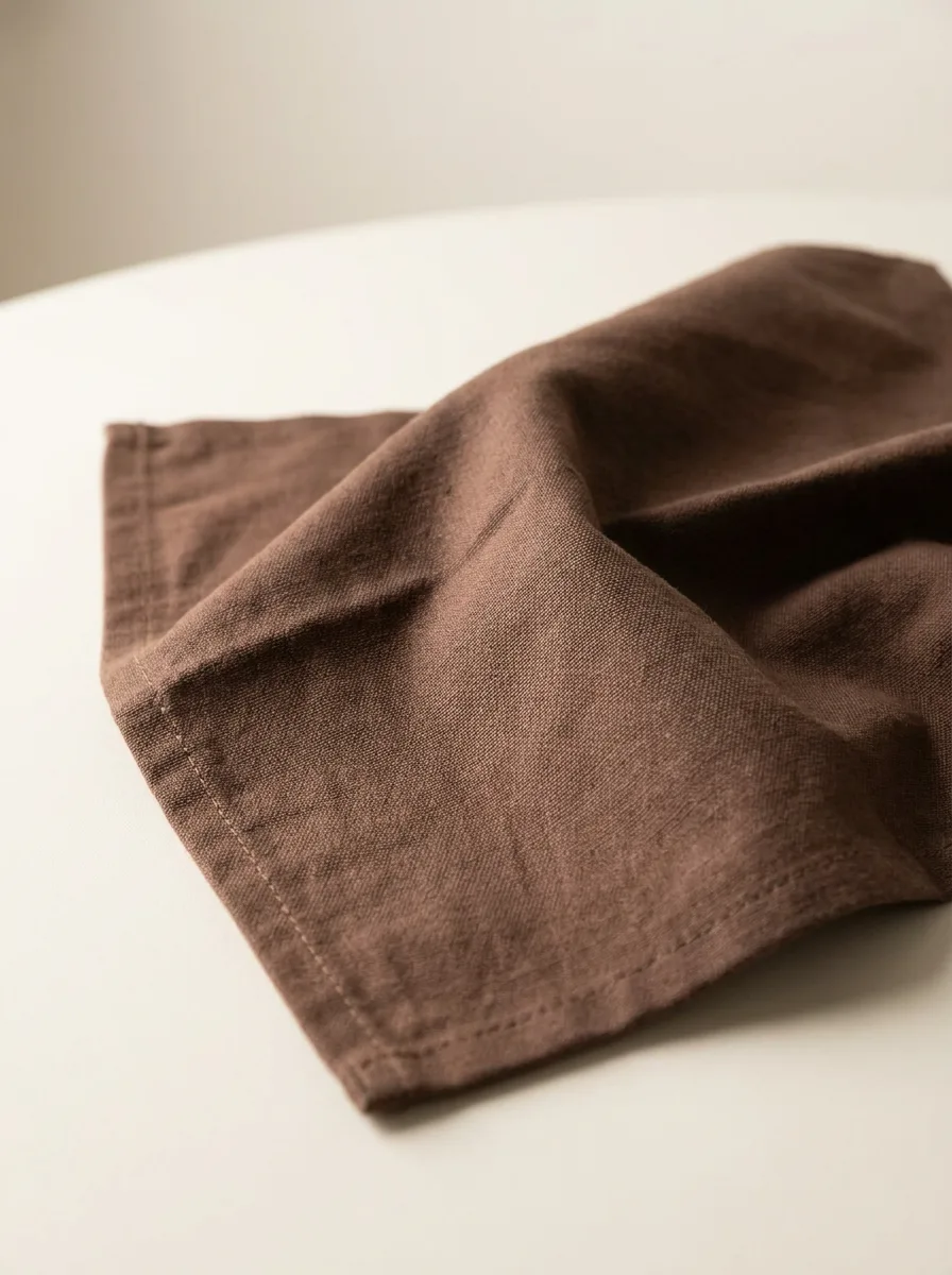 Détail tissu coton serviette de table chocolat – ourlet renforcé 44x44 cm