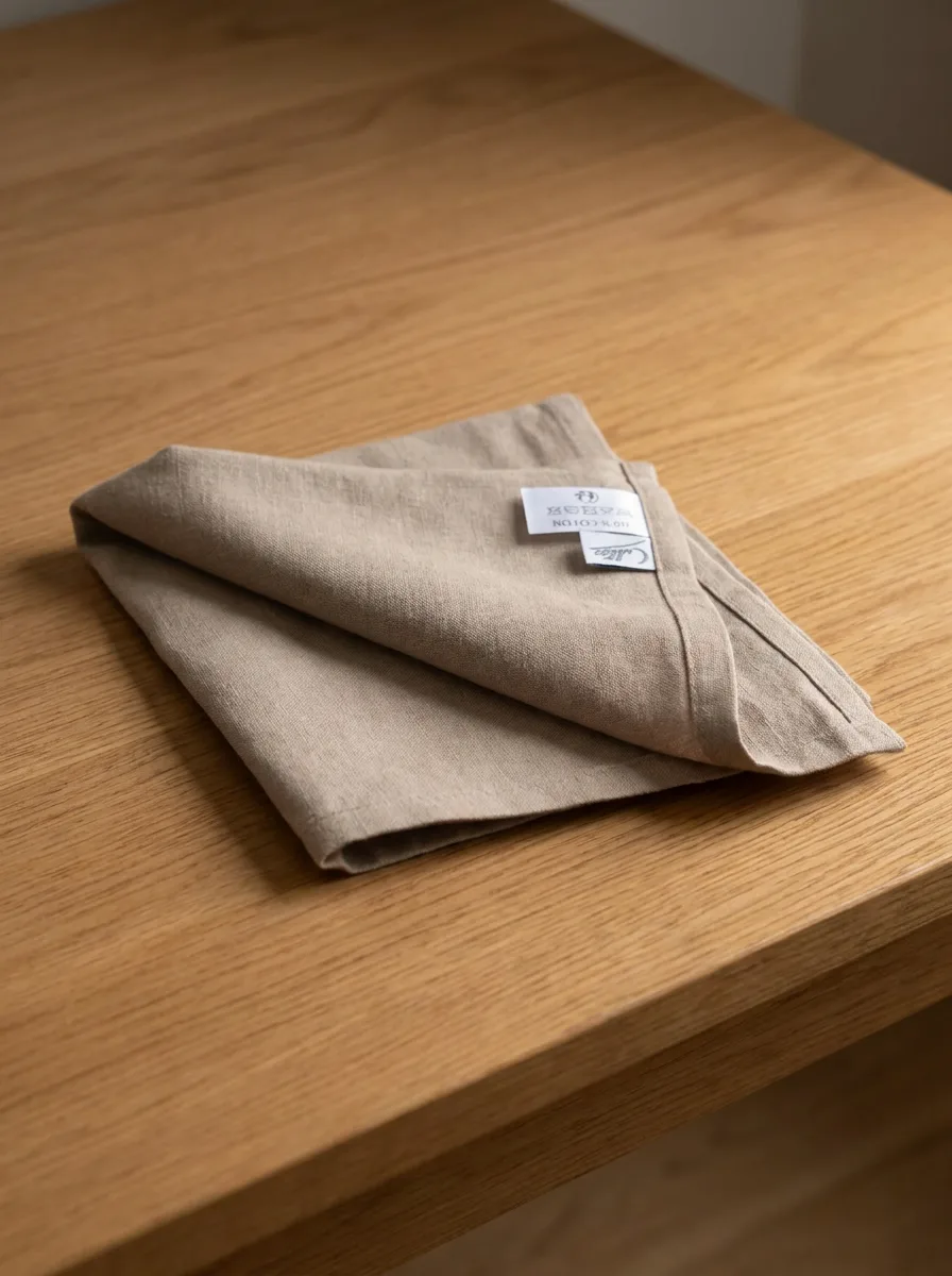 Serviette coton gris pliée sur table en chêne clair – vue de dessus lumière naturelle