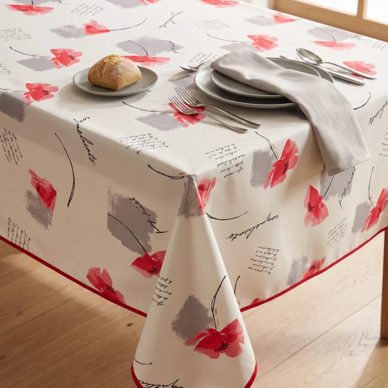 Nappe polyester sur mesure Poppies blanc – motif coquelicots aquarelle rouge et gris sur fond blanc