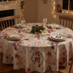 Toile cirée déco Père Noël Vintage sur table ronde dressée pour quatre – motif all-over médaillons baroques, étoiles rouges et flocons fond beige bois, coupes de champagne et centre de table pommes de pin, ambiance salon de Noël