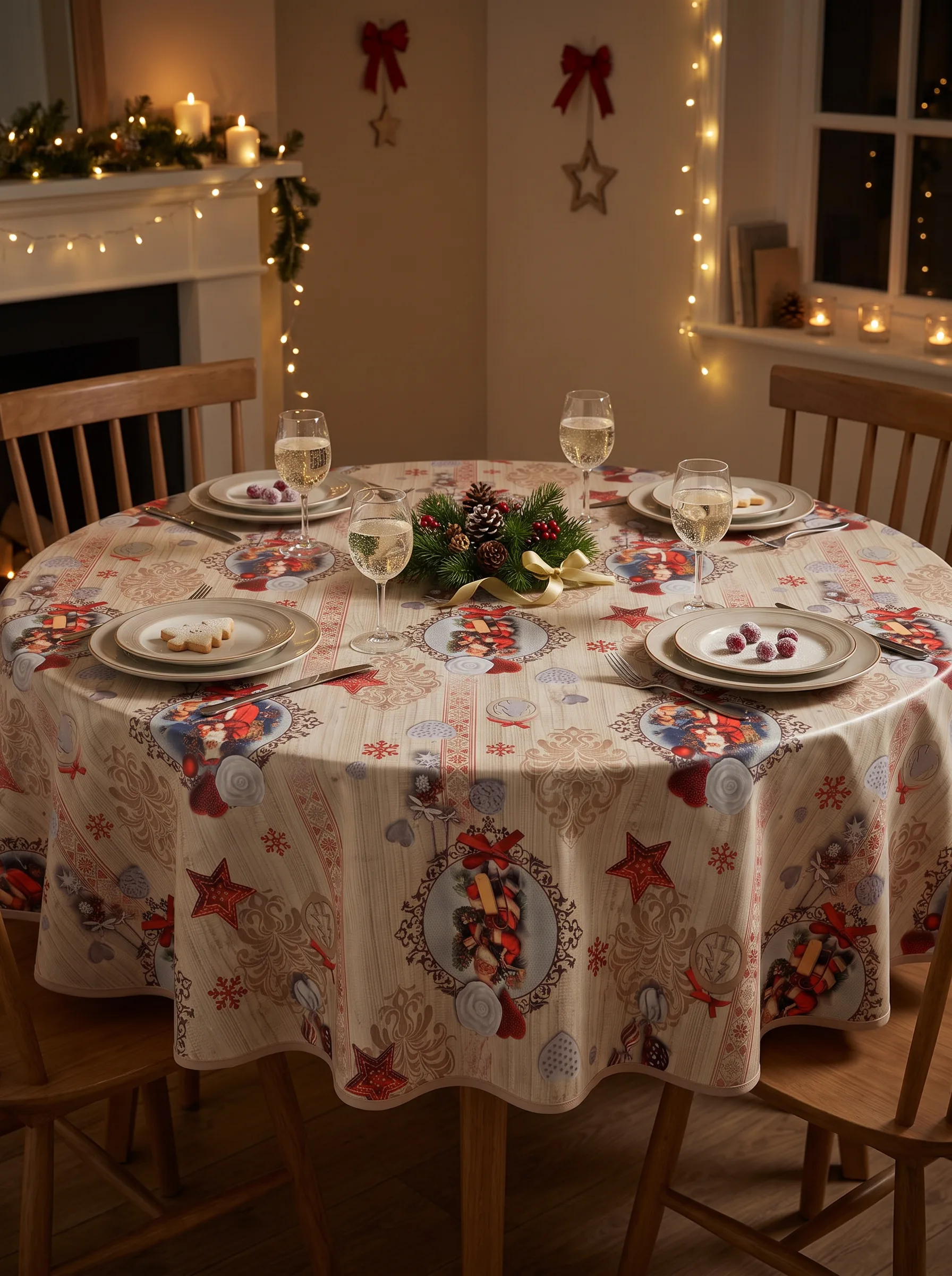 Toile cirée déco Père Noël Vintage sur table ronde dressée pour quatre – motif all-over médaillons baroques, étoiles rouges et flocons fond beige bois, coupes de champagne et centre de table pommes de pin, ambiance salon de Noël