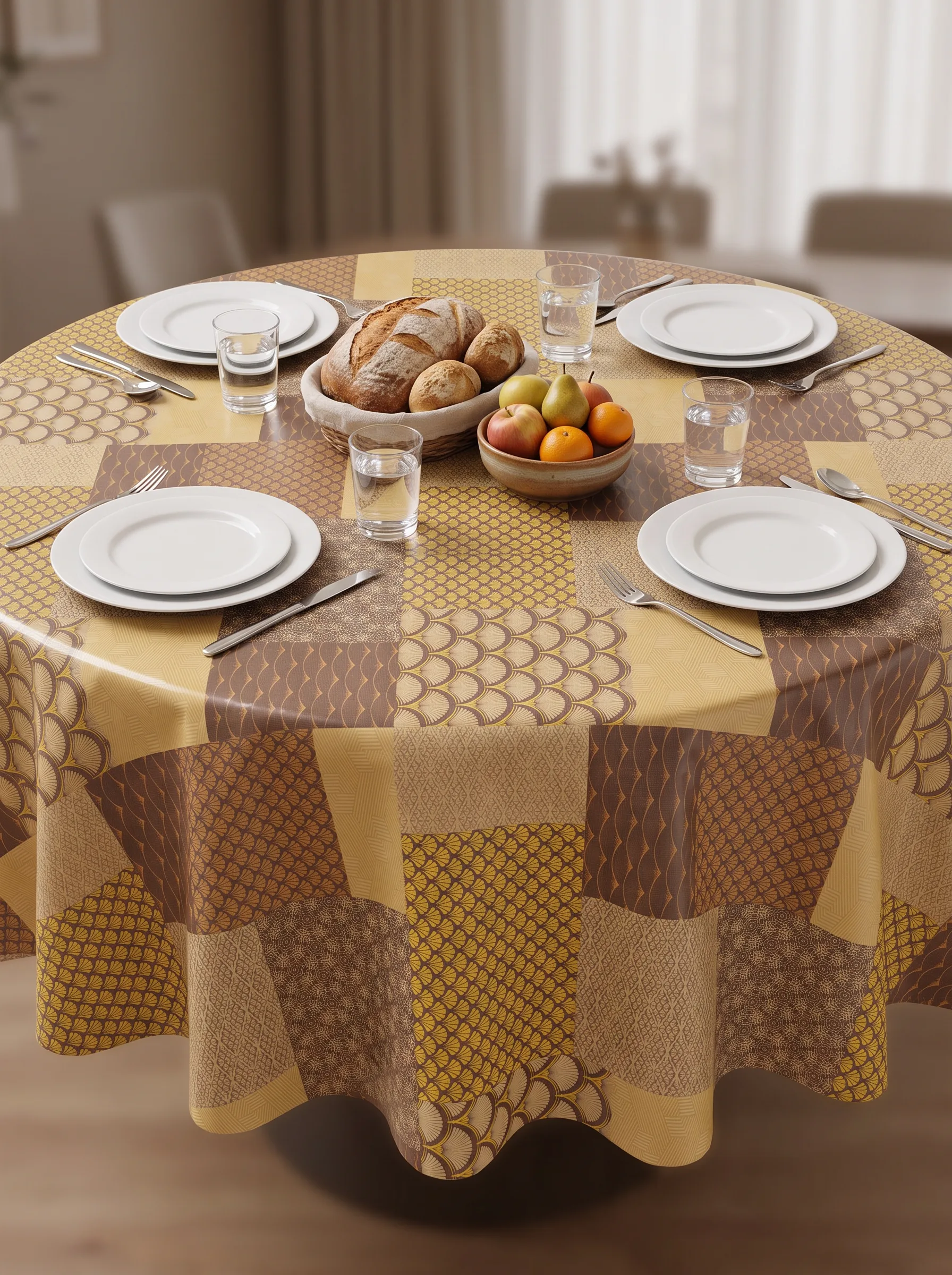 Toile cirée molletonné Moderne Beige – motif patchwork géométrique en camaïeu de beige, brun et or, OEKO-TEX®, largeur 140 cm