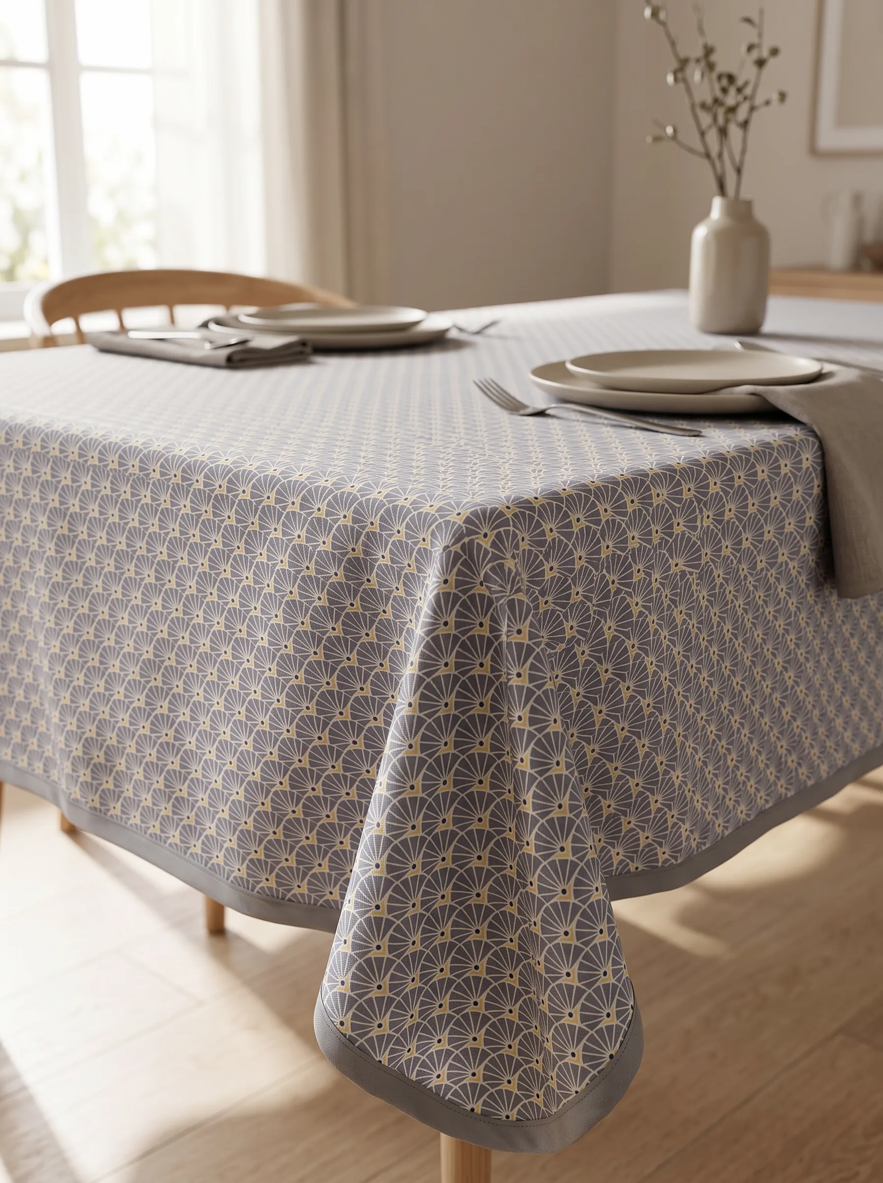 Nappe polyester sur mesure Manon gris drapée sur table – rendu élégant et contemporain