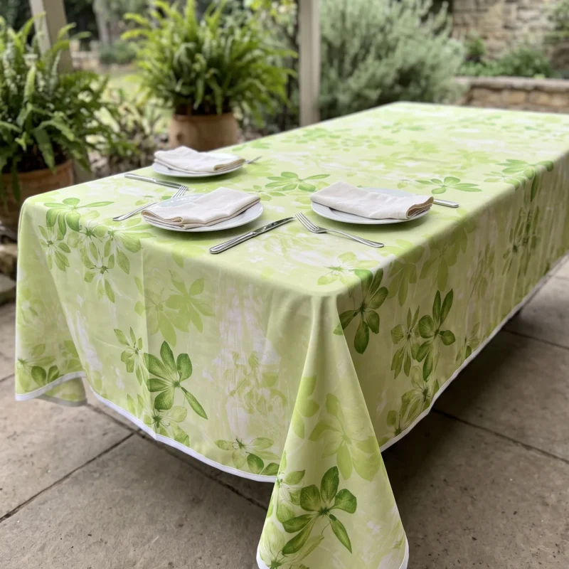 Nappe polyester sur mesure Feuillage vert drapée sur table – rendu botanique et contemporain