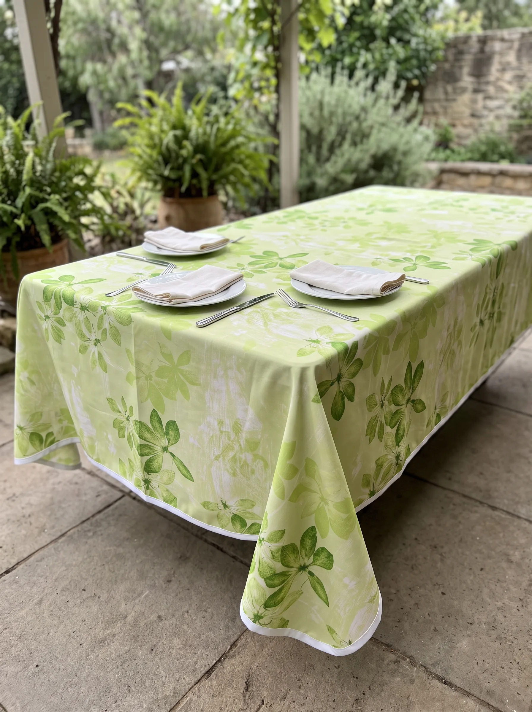 Nappe polyester sur mesure Feuillage vert drapée sur table – rendu botanique et contemporain